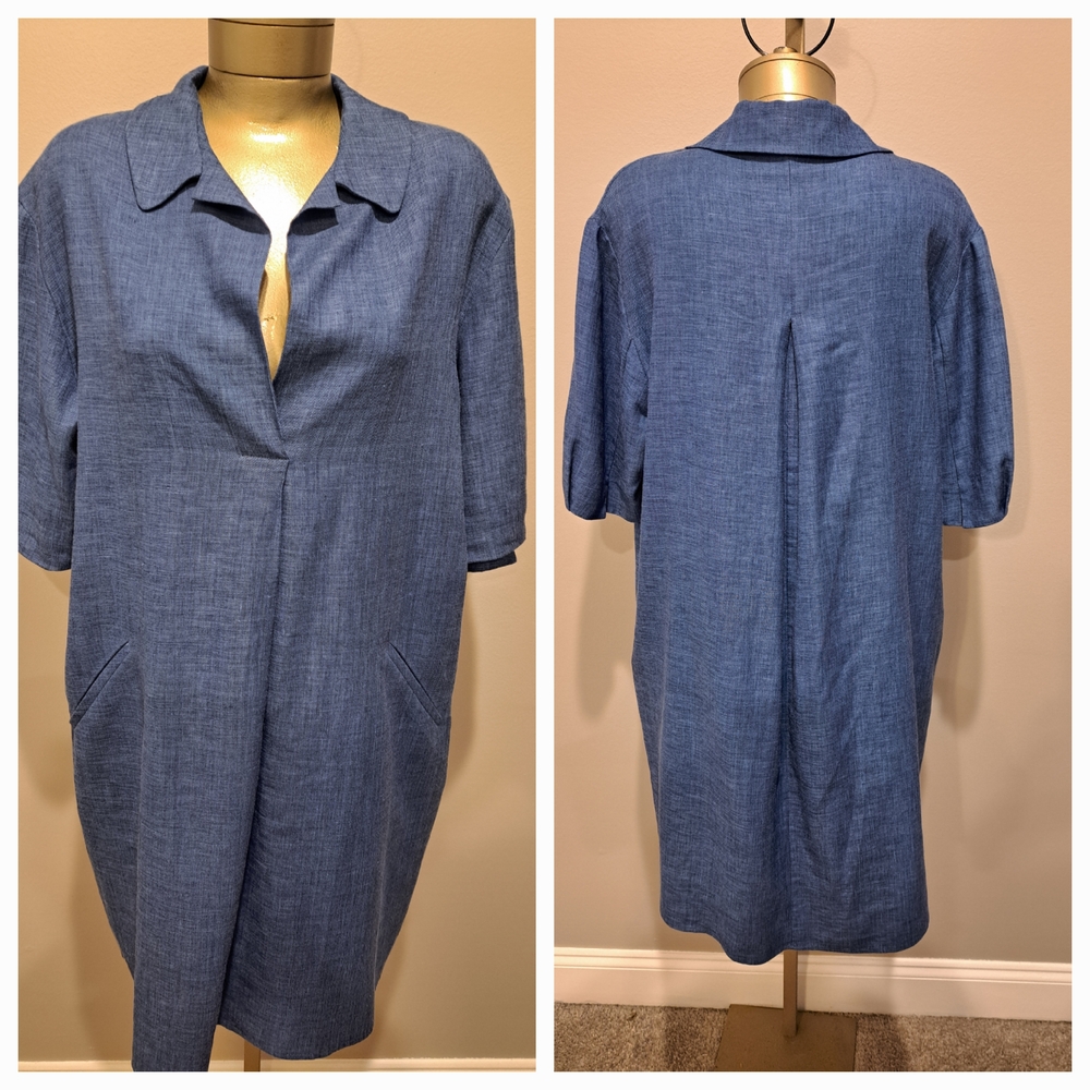 Shamask Designer Blue Linen/Wool Blend Dress with Notched Collar & Side Pockets
